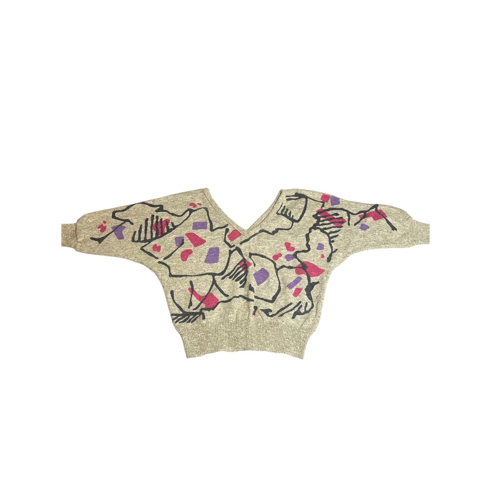 Vintage Beldoch‎ Popper Abstract Knit Sweater V-Neck Batwing Oatmeal USA Made